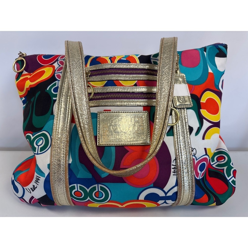 Coach Poppy Glam Tote 13839 Multicolor Graffiti Canvas Metallic Gold Y2K Bag